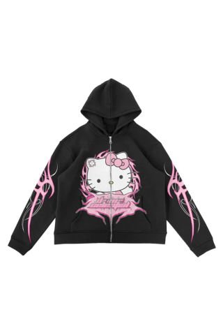 Siyah Anime Tribal Hello Kitty Fermuarlı Unisex Kapüşonlu Sweatshirt
