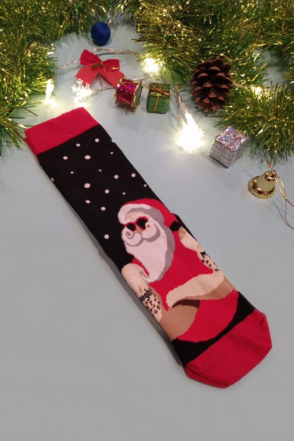 Santa Cristmas Siyah Dizaltı Çorap