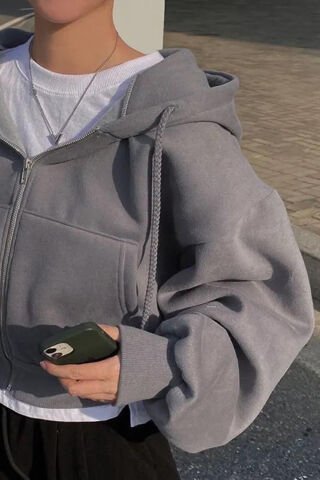 Füme Crop Top Kalın Kumaş Fermuarlı Unisex Kapüşonlu Sweatshirt