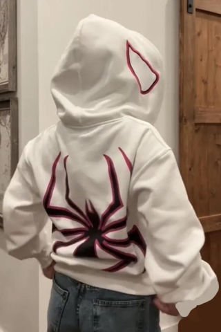 Beyaz Spider Sırt Baskılı Kalın Kumaş Fermuarlı Unisex Kapüşonlu Sweatshirt