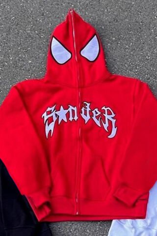 Kırmızı Spider Sırt Baskılı Kalın Kumaş Fermuarlı Unisex Kapüşonlu Sweatshirt