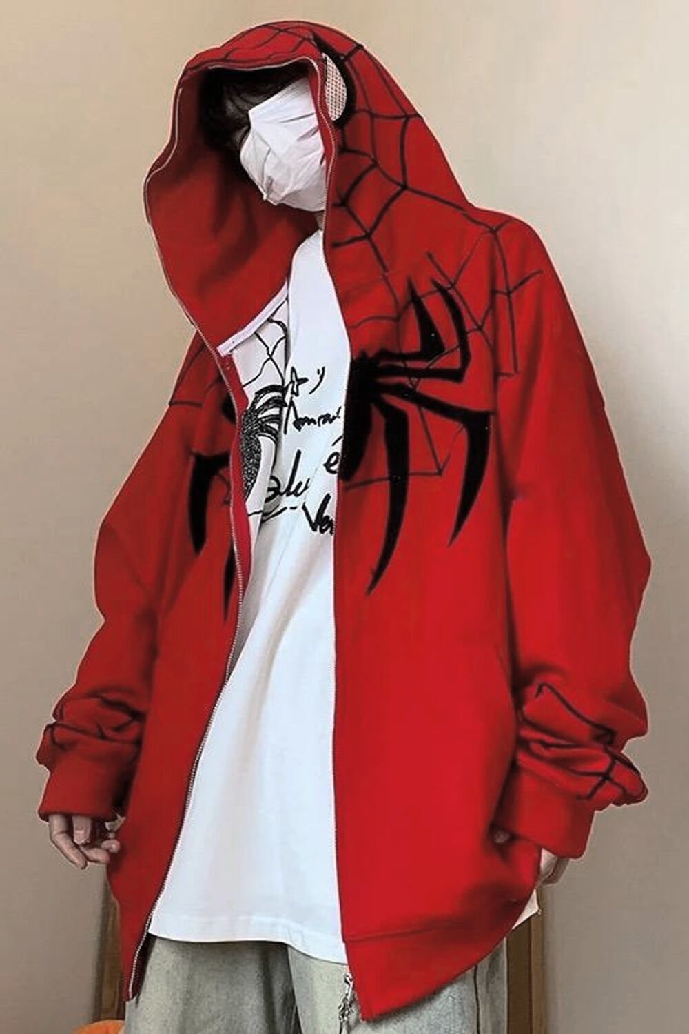 Kırmızı Spider-Man Goth Fermuarlı Unisex Kapüşonlu Sweatshirt