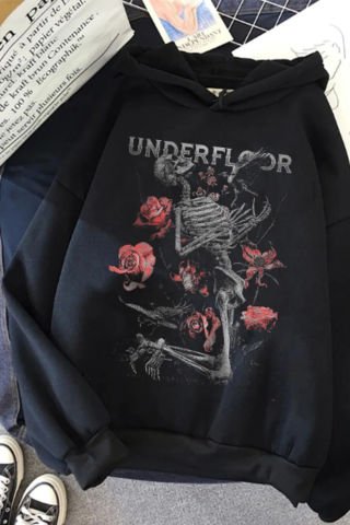 Siyah Underfloor İskelet Gotik Baskılı İçi Polar Kapüşonlu Sweatshirt