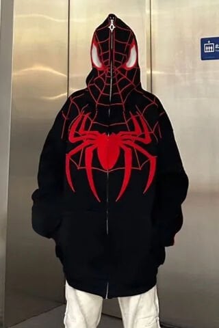 Siyah Spider-Man Goth Fermuarlı Unisex Kapüşonlu Sweatshirt