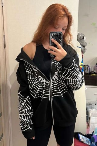 Siyah Allover Spider Kalın Kumaş Fermuarlı Unisex Kapüşonlu Sweatshirt