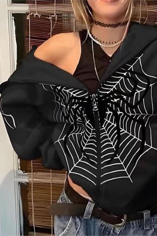 Siyah Allover Spider Kalın Kumaş Fermuarlı Unisex Kapüşonlu Sweatshirt