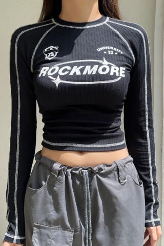 Siyah Rockmore University 32 Uzun Kollu Crop T-Shirt