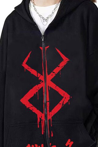 Siyah Anime Berserk Logo Fermuarlı Unisex Kapüşonlu Sweatshirt