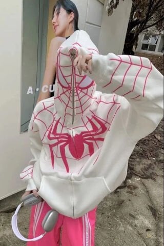 Beyaz Spider-Man Goth Fermuarlı Unisex Kapüşonlu Sweatshirt