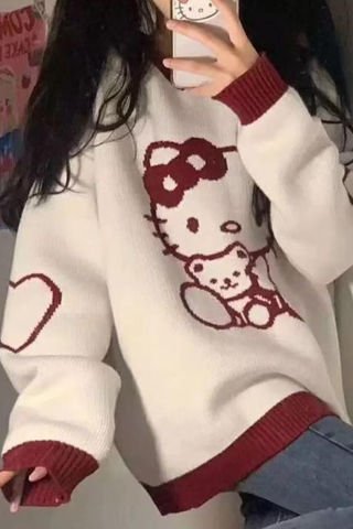 Anime Hello Kitty Bear Friend Beyaz Oversize Kazak