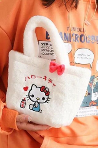 Beyaz Hello Kitty Fiyonk Detaylı Peluş Çanta