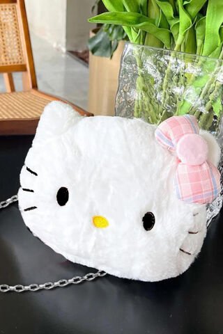 Beyaz Hello Kitty Face Zincir Askılı Peluş Çanta