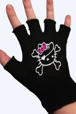 Siyah Hello Kitty Dangerous Baskılı Kesik Parmak Eldiven