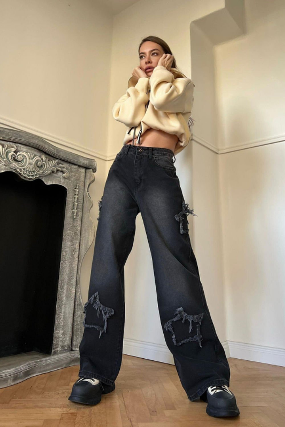 Siyah Yıldız Yamalı Vintage Kot Pantolon