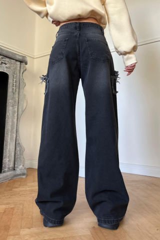 Siyah Yıldız Yamalı Vintage Kot Pantolon