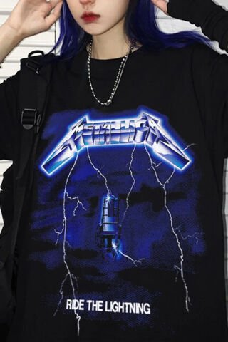 Siyah Renk Metallica Ride The Lightning Büyük Baskılı Geniş Kesim Unisex T-shirt