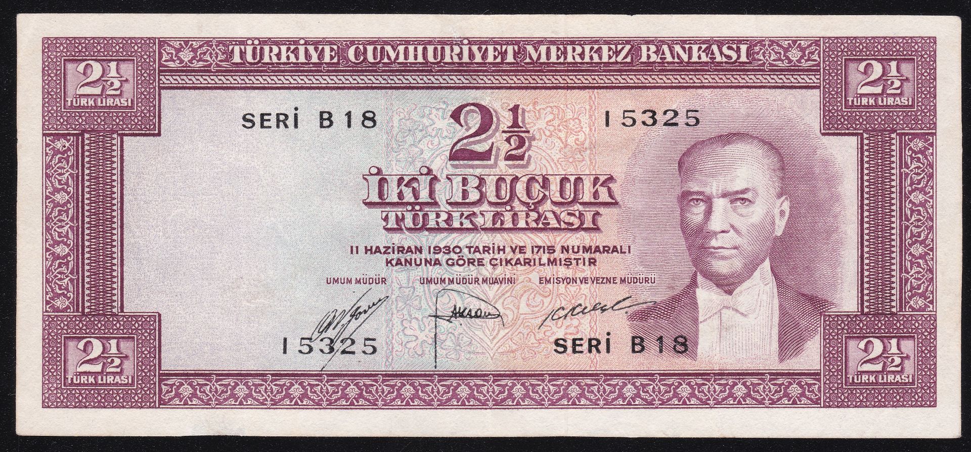 5. Emisyon 1. Tertip 2.5 Lira B18 15325 Çok Çok Temiz+