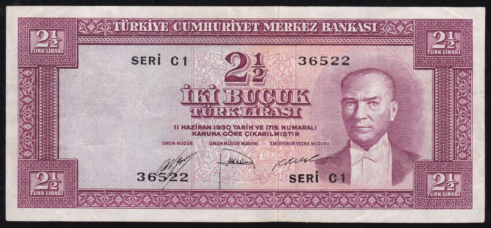 5. Emisyon 1. Tertip 2.5 Lira C1 36522 Çok Çok Temiz+