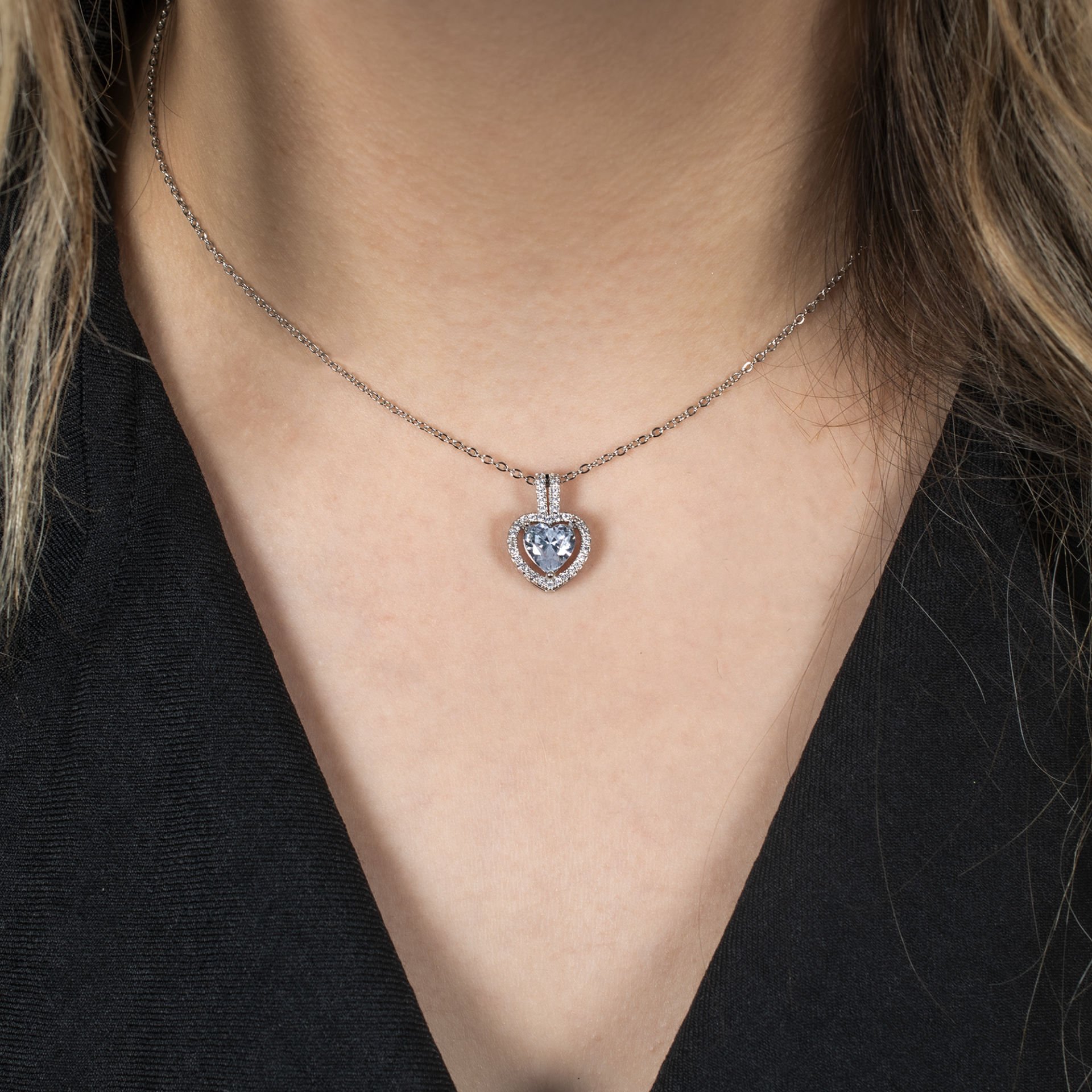 Nur Silver Taşlı Kalp Çelik Kolye - NUR-KY03205