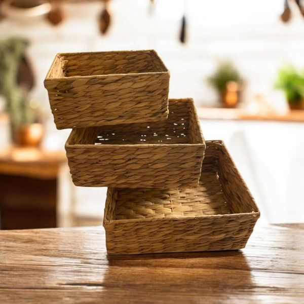 Bahçem Dekoratif Natural Seagrass Dikdörtgen Hasır Sepet Düzenleyici / Organizer 3'lü Set