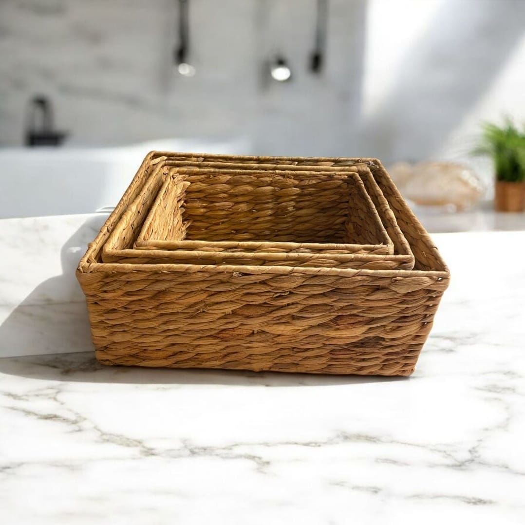 Bahçem Dekoratif Natural Seagrass Dikdörtgen Hasır Sepet Düzenleyici / Organizer 3'lü Set