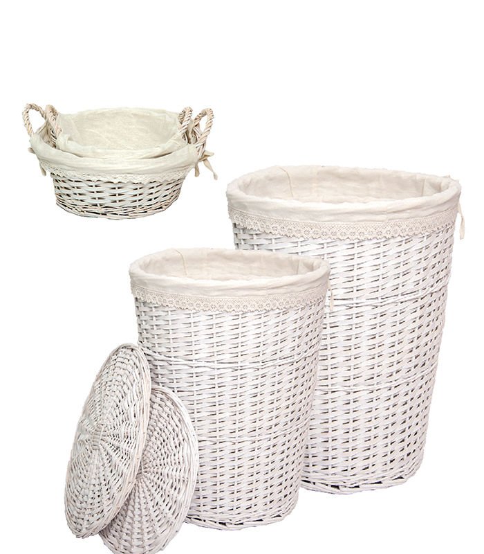Bahçem Yuvarlak Kapaklı Beyaz Hasır 4'lü Set Kirli Çamaşır Sepeti Astarlı