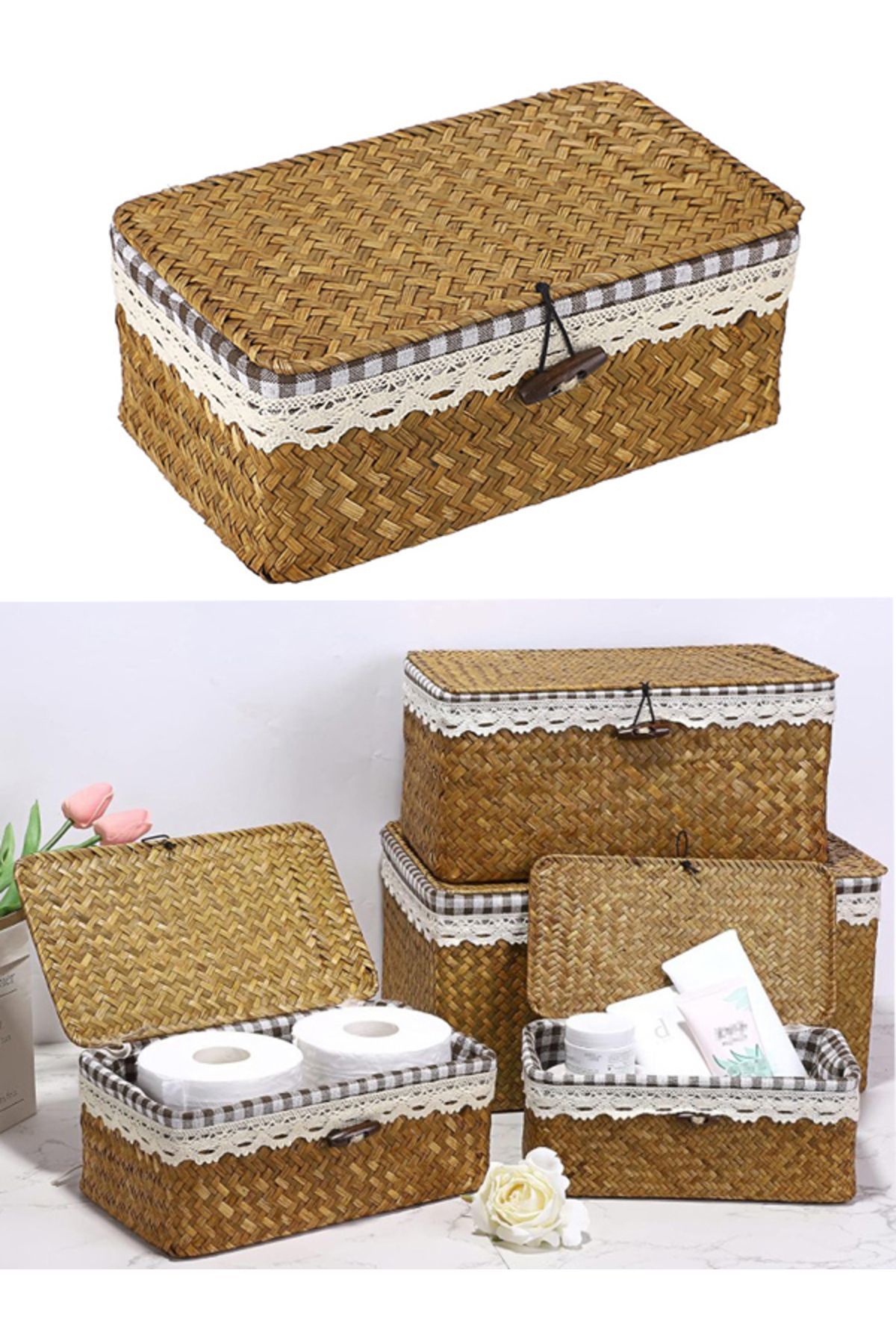 Bahçem Bambu Çok Amaçlı Sepet Düzenleyici Organizer Dantel Kenarlı Astarlı 4'lü Set