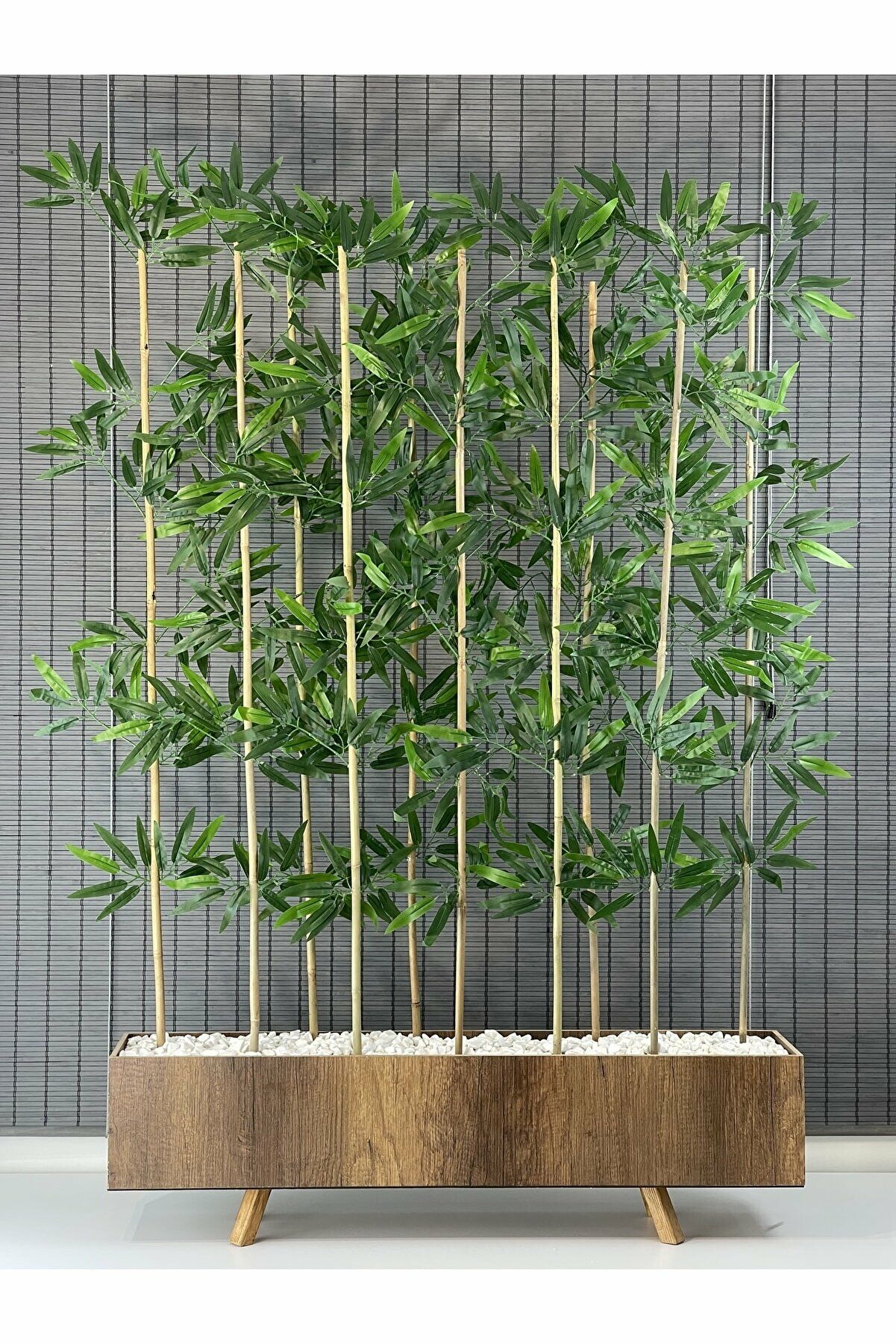 Bahçem Ahşap Saksılı 1 Mt Ayaklı Dikdörtgen Model Yapay Yapraklı Dekoratif Bambu Seperatör 180 cm 10 Gövde