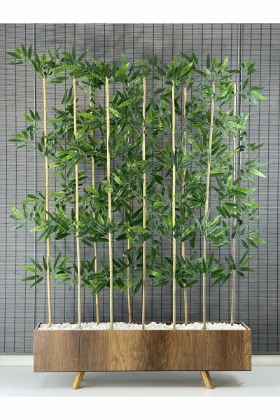 Bahçem Ahşap Saksılı 1 Mt Ayaklı Dikdörtgen Model Yapay Yapraklı Dekoratif Bambu Seperatör 180 cm 10 Gövde