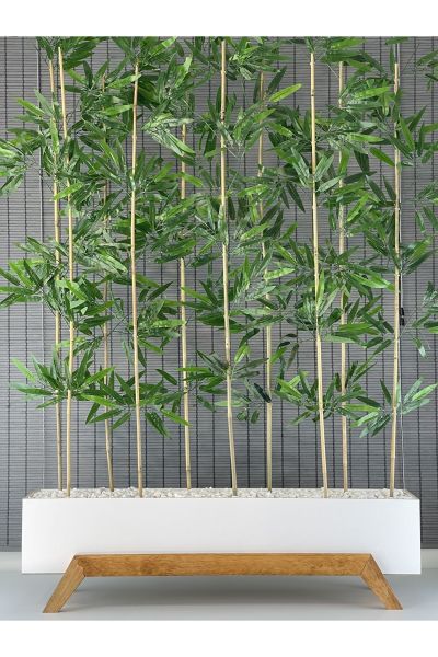 Ahşap 1 Mt Saksılı 10 Gövde Modern Ayaklı Dikdörtgen Yapay Yapraklı Dekoratif Bambu Seperatör 180 cm
