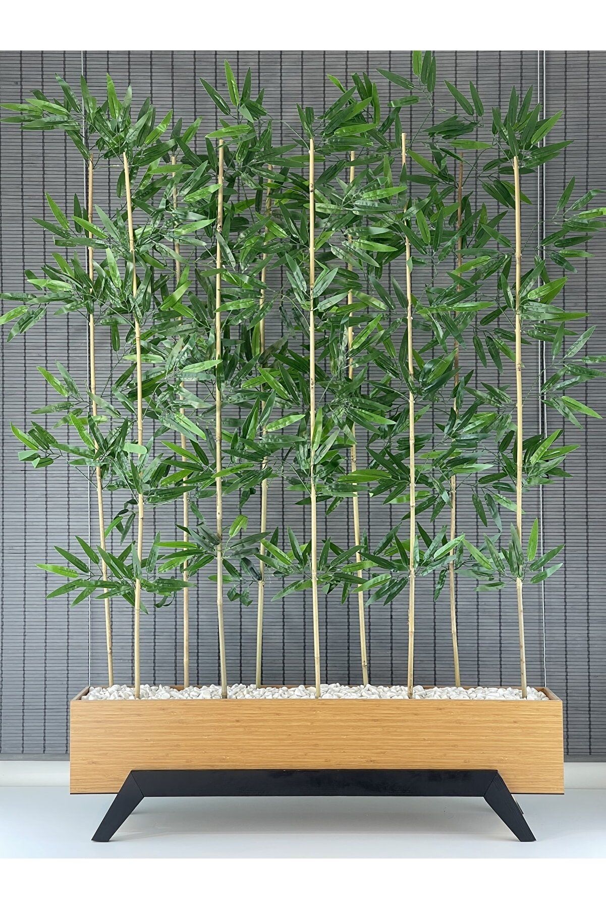 Ahşap 1 Mt Saksılı 10 Gövde 180cm Modern Ayaklı Dikdörtgen Yapay Yapraklı Dekoratif Bambu Seperatör