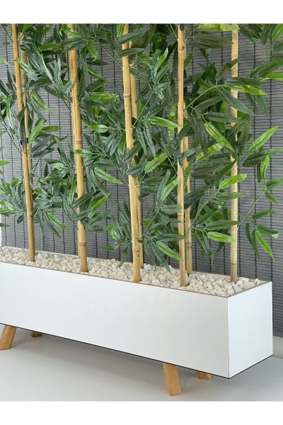 Ahşap Ayaklı 1mt Saksılı 10 Bambu Gövdeli 180cm Dikdörtgen Yapay Yapraklı Dekoratif Bambu Seperatör