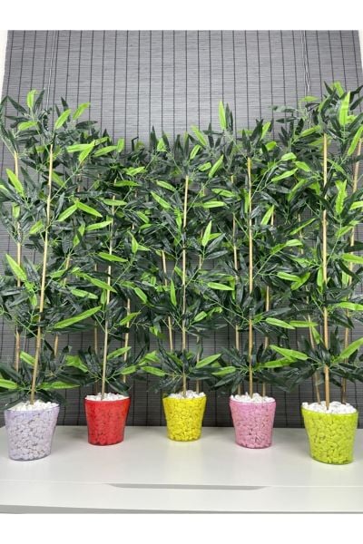Yapay Yoğun Yapraklı Dekoratif Bambu Ağacı 1.Kalite Renkli Cameks Saksılı 3 Gövde 110cm