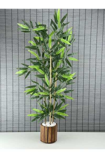 Bahçem Ahşap Saksılı Yapay Yoğun Yapraklı Dekoratif Bambu Ağacı 3 Gövde 110cm
