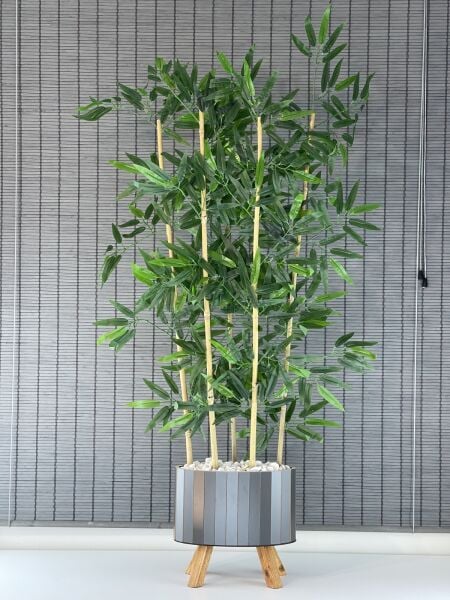 Bahçem Ahşap Saksılı Ayaklı Elips Model Yapay Yoğun Yapraklı Dekoratif Bambu Ağacı 115cm 5 Gövde