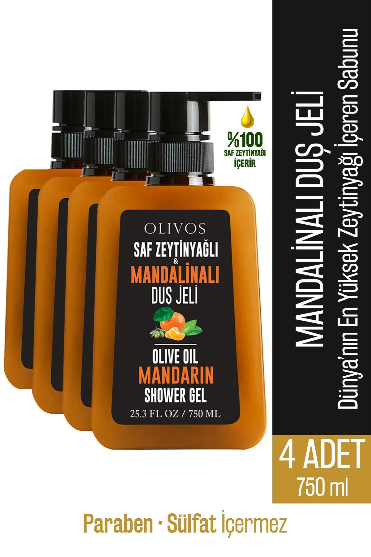 Doğal Zeytinyağlı Mandalina Kokulu Banyo Duş Jeli Zeytinyağı Mandalinalı Nemlendirici 4 ADET 750ML