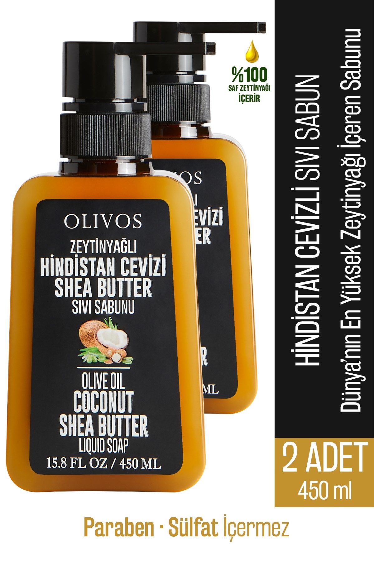 Doğal Zeytinyağlı Hindistan Cevizi Shea Butter Sıvı Sabun Zeytinyağı El Sabunu 2 ADET 450 Ml