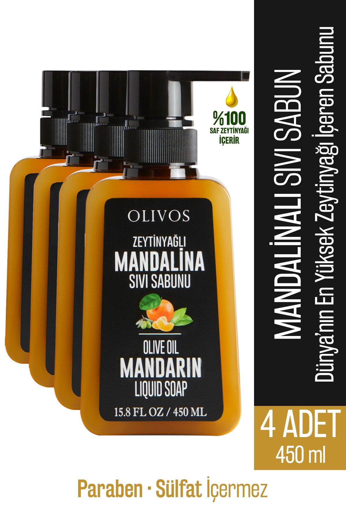 Doğal Zeytinyağlı Mandalina Sıvı Sabun Mandalinalı Zeytinyağı El Sabunu Nemlendirici 4 ADET 450 Ml