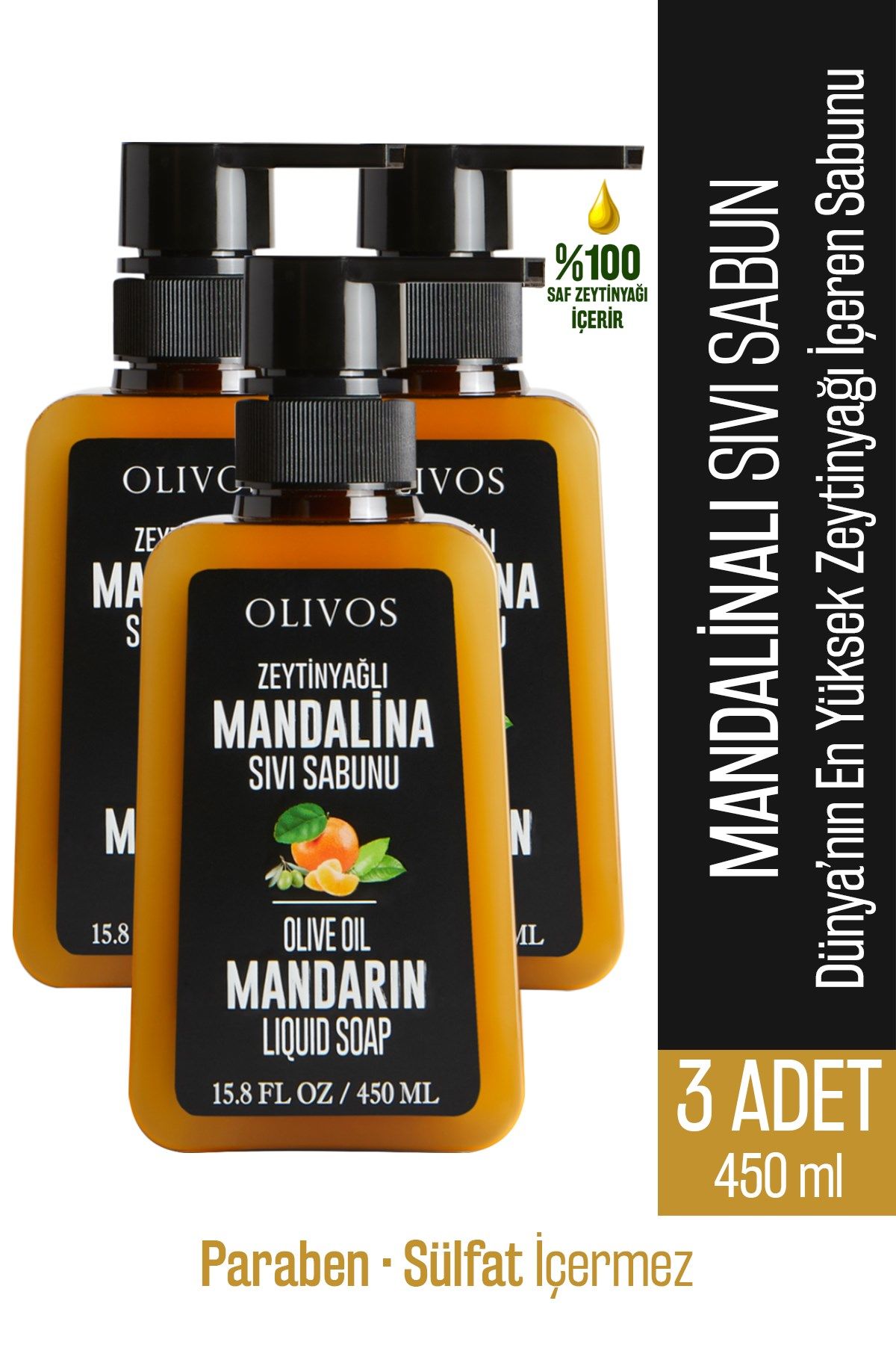 Doğal Zeytinyağlı Mandalina Sıvı Sabun Mandalinalı Zeytinyağı El Sabunu Nemlendirici 3 ADET 450 Ml