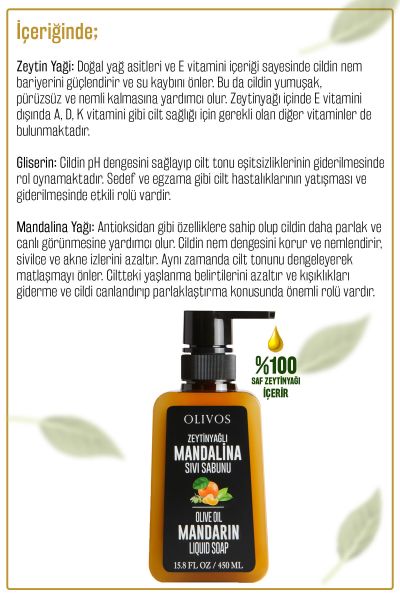 Doğal Zeytinyağlı Mandalina Sıvı Sabun Mandalinalı Zeytinyağı El Sabunu Nemlendirici 2 ADET 450 Ml