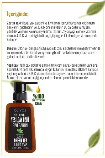 Doğal Zeytinyağlı Yeşil Çaylı Sıvı Sabun Zeytinyağı El Sabunu Yoğun Nemlendirici 4 ADET 450 Ml