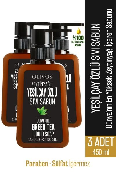 Doğal Zeytinyağlı Yeşil Çaylı Sıvı Sabun Zeytinyağı El Sabunu Yoğun Nemlendirici 3 ADET 450 Ml