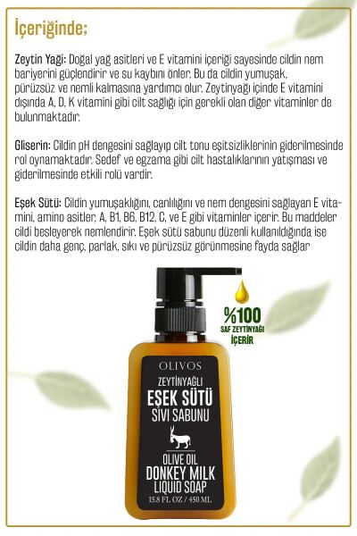 Doğal Zeytinyağlı Eşek Sütlü Sıvı Sabun Zeytinyağı El Sabunu Yoğun Nemlendirici 4 ADET 450 Ml