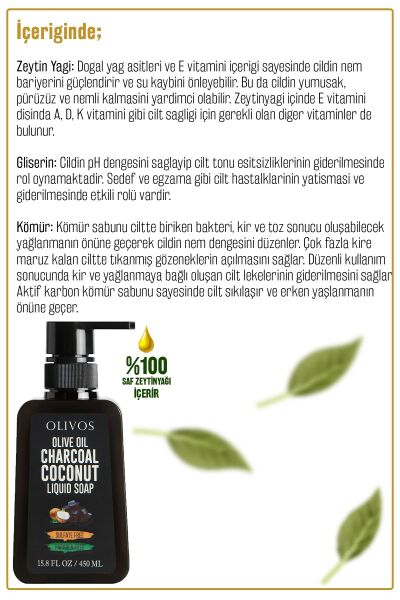 Zeytinyağlı Aktif Karbon Kömürlü Sıvı Sabun Zeytinyağı El Sabunu Yoğun Nemlendirici 4 ADET 450 Ml