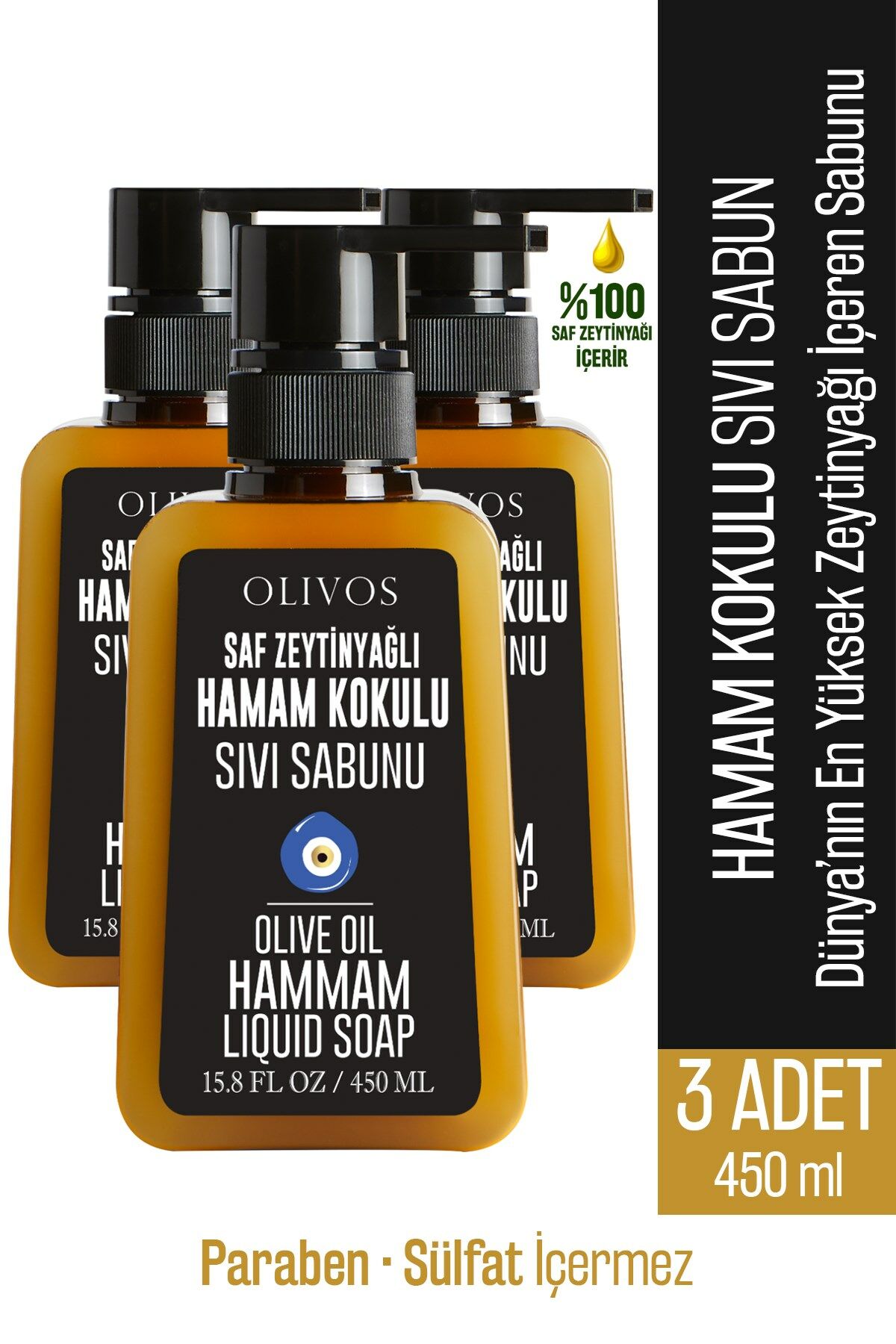 Doğal Zeytinyağlı Hamam Kokulu Sıvı Sabun Zeytinyağı El Sabunu Yoğun Nemlendirici 3 ADET 450 Ml