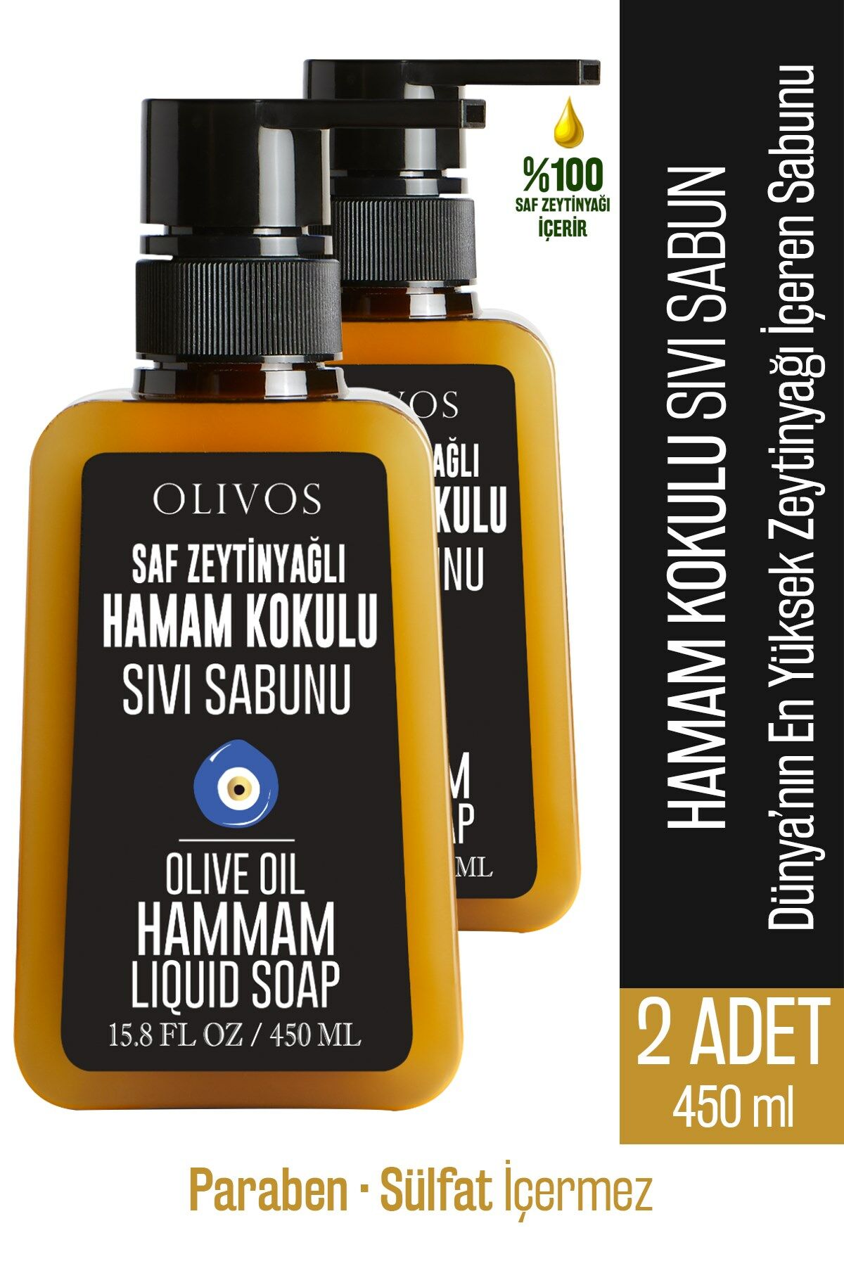 Doğal Zeytinyağlı Hamam Kokulu Sıvı Sabun Zeytinyağı El Sabunu Yoğun Nemlendirici 2 ADET 450 Ml