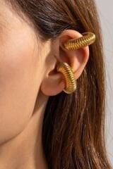 Büyük Bombeli Earcuff Geniş Halka Kıkırdak Küpesi Gold