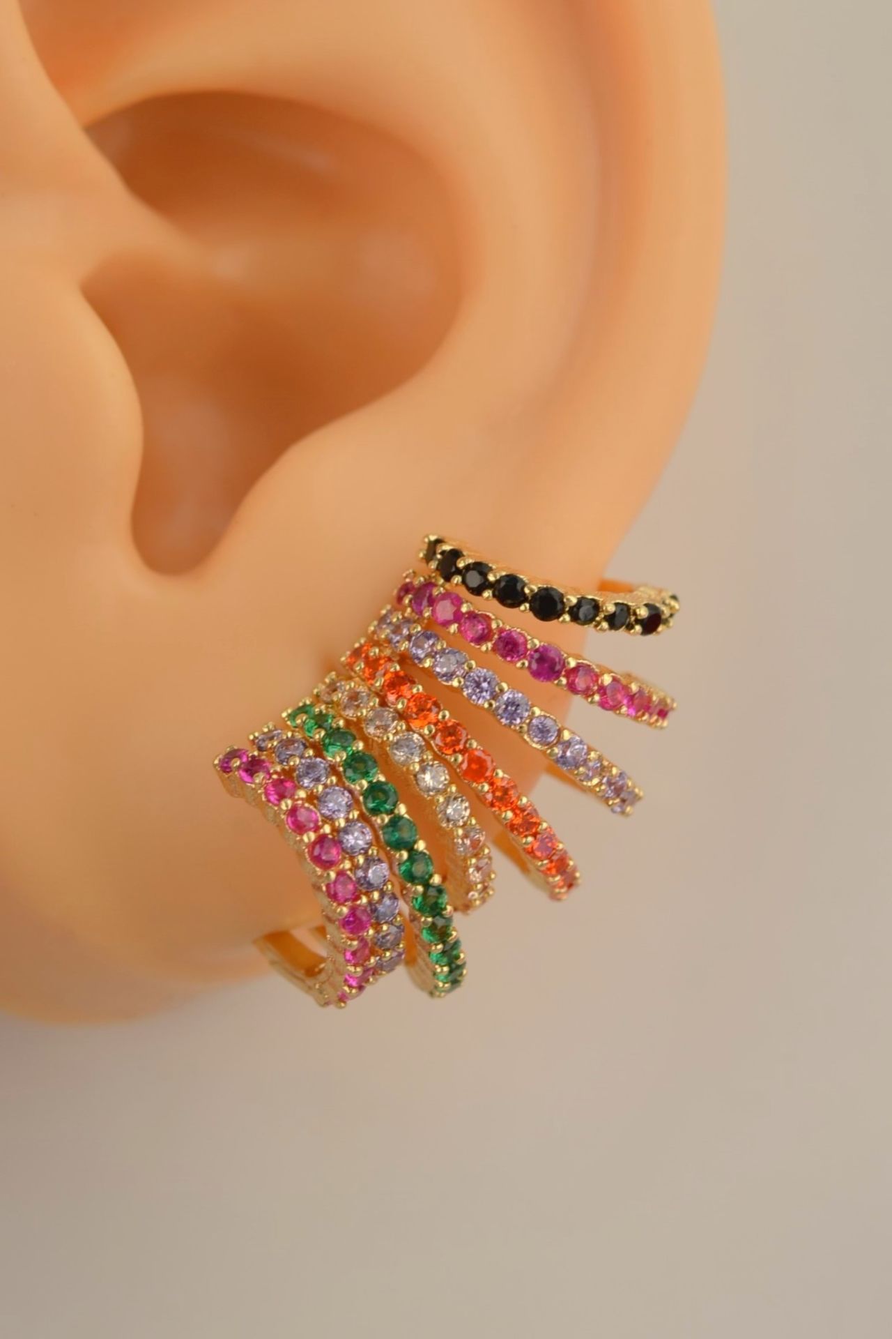 Multicolor Çoklu Earcuff Çok Renkli Kıkırdak Küpesi Gold