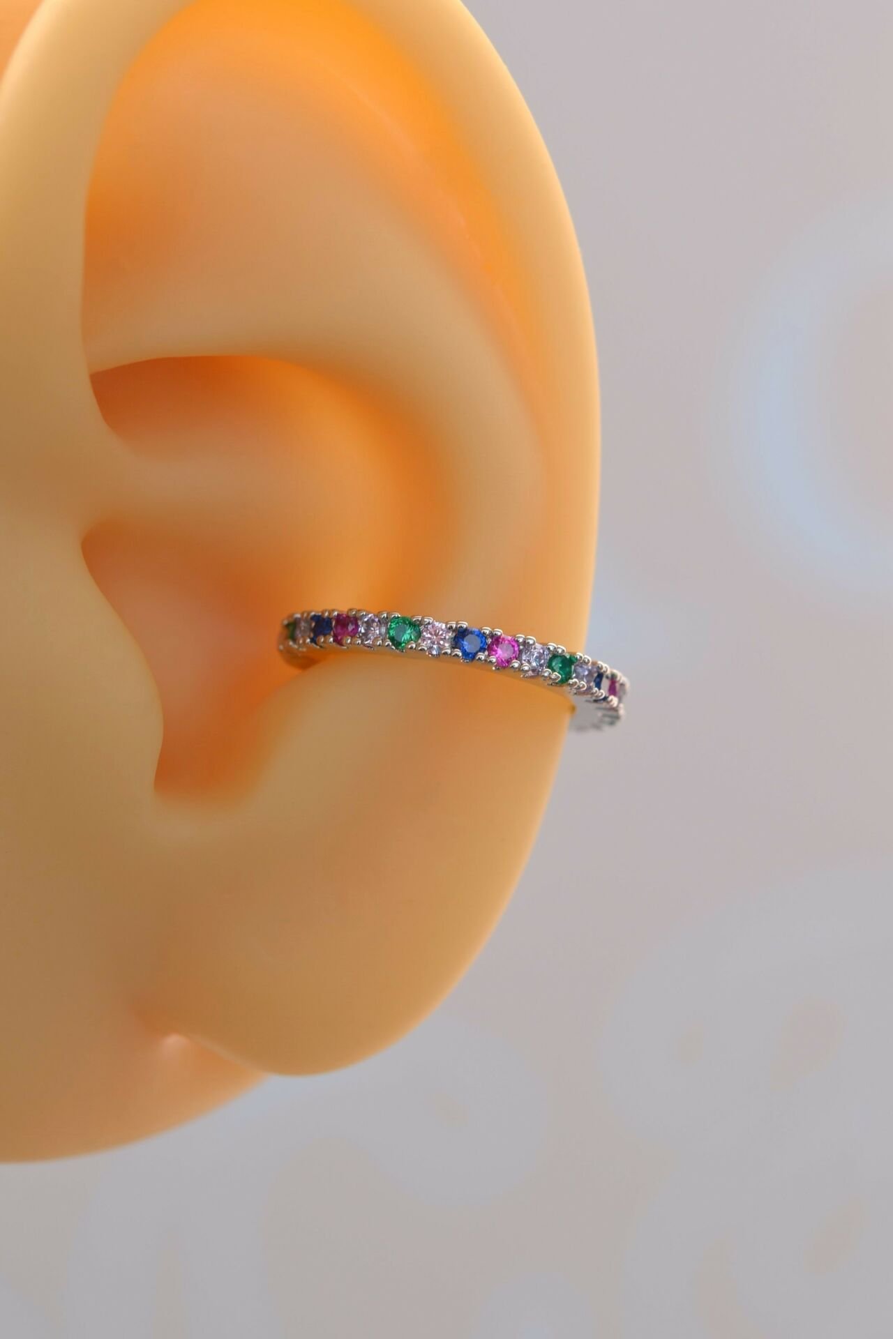 Multicolor Çok Renkli İnce Taşlı Earcuff Sıkıştırmalı Kıkırdak Küpesi Gümüş Renk