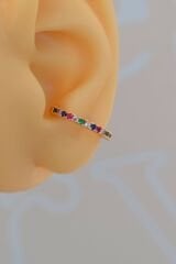 Multicolor Çok Renkli İnce Taşlı Earcuff Sıkıştırmalı Kıkırdak Küpesi Gümüş Renk